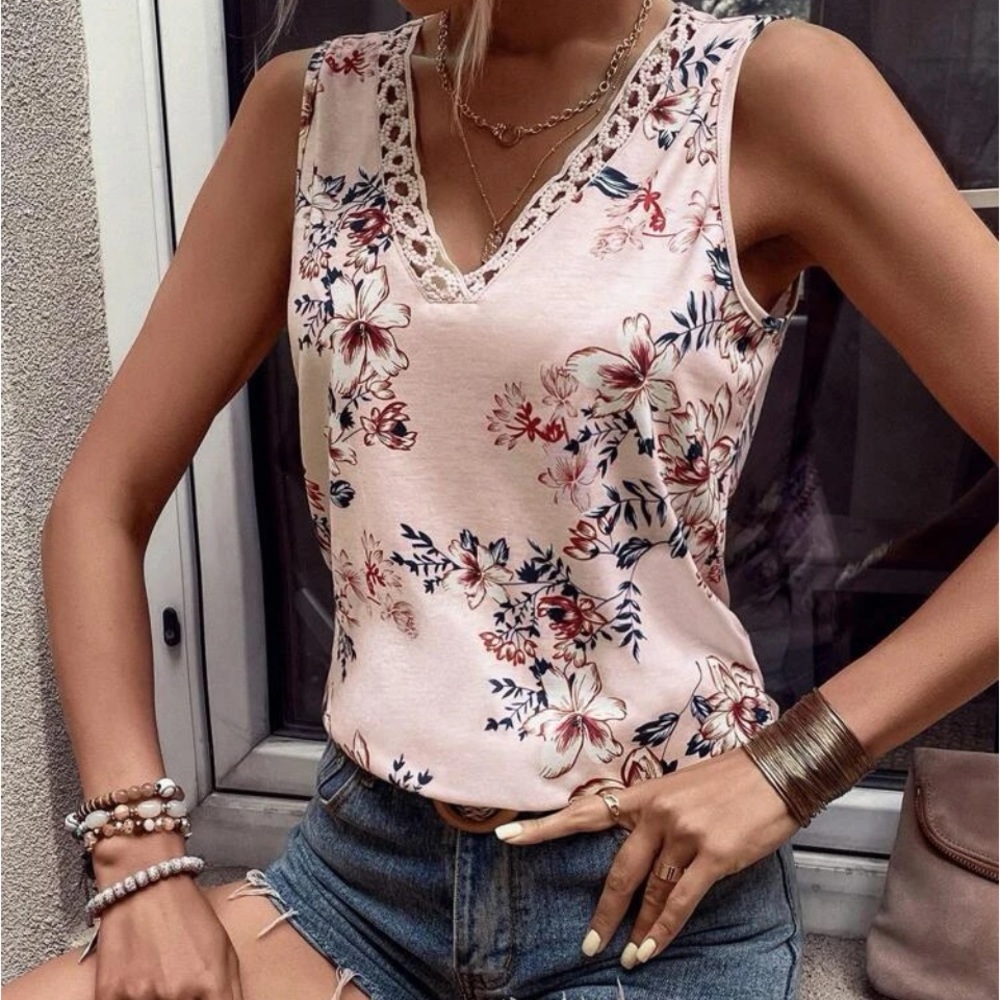 New pink floral lace trim v neck sleeveless tank top